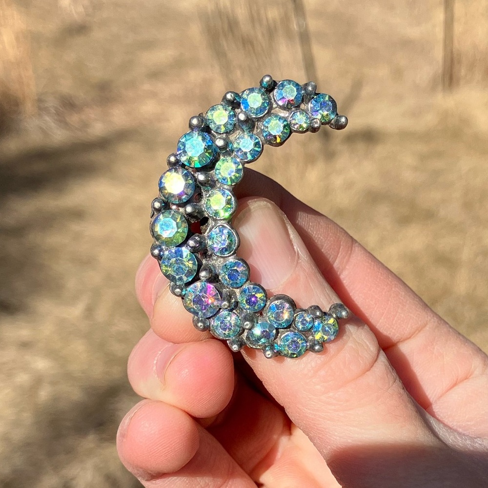 Vintage Aurora Crystal Crescent Moon Brooch